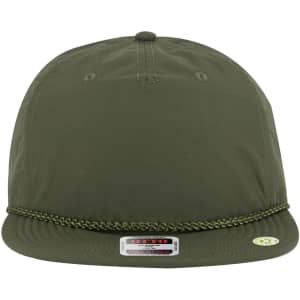 An olive green 5 Panel Pro Style Baseball Cap with a chain detail and a branded logo.