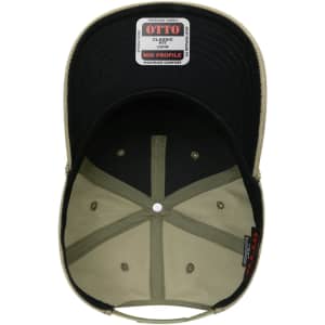 A khaki 5 panel mid profile baseball cap with a black underside and a logo inside.