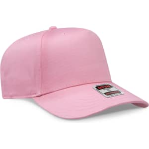 A pink 5 panel mid crown baseball cap featuring a logo on the front.