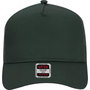 A dark green 5 panel mid profile trucker cap with a mesh back and a branded label on the front.