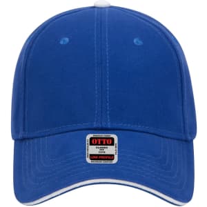 A blue 6 panel low profile baseball cap with a curved brim and a logo on the front.
