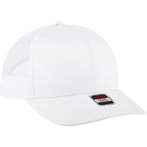 A white 6 panel mid-profile trucker cap featuring a mesh back and a small logo on the front.