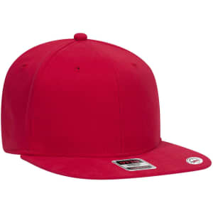 A red 6 panel mid-profile snapback cap with a flat brim and a branding logo on the side.