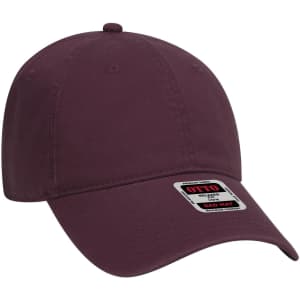 A maroon 6-panel low profile dad cap with an adjustable strap and a logo tag.