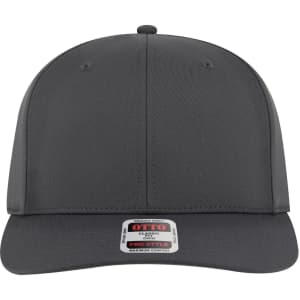 A grey 6 panel pro style snapback hat with a logo on the front and a flat brim.