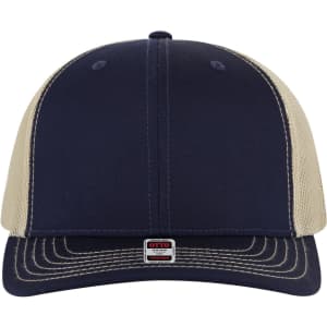 A navy and beige 6-panel mid-profile trucker cap with a logo on the front.