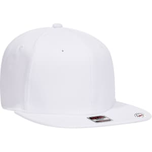 A white 6-panel mid profile snapback cap with a flat brim and a logo on the side.