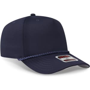 A navy blue 5 panel mid profile baseball cap featuring a braided detail and a logo on the front.