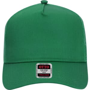 A green 5 panel mid profile trucker cap with a structured front and a logo on the front.
