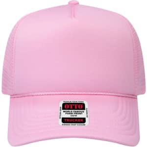 A pink 5-panel high crown mesh back trucker hat with a logo on the front.