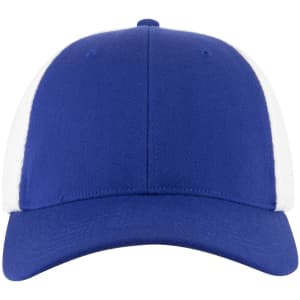 A blue and white low profile trucker cap with a six-panel design and a logo on the front.