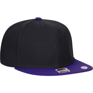 A black mid-profile snapback cap with a purple undervisor and a logo on the side.