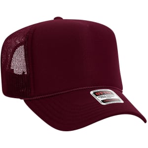 A maroon 5 panel high crown trucker cap with mesh sides and a branded label on the front.