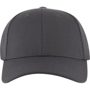 A grey 6 panel low profile baseball cap with a curved brim and a logo on the front.