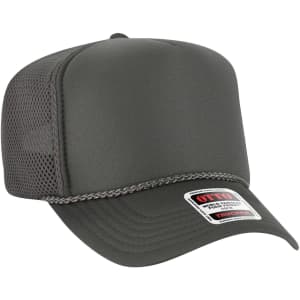 A grey 5 Panel High Crown Air Mesh Back Trucker Hat with a mesh back and a logo patch on the front.