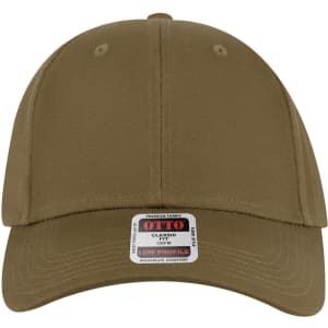 A low profile baseball cap in olive green with a branded label on the front.