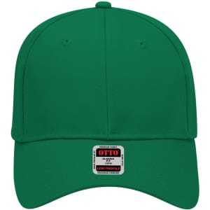 A green 6 panel low profile baseball cap with a logo label on the front.