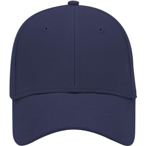 A navy blue 6 panel low profile baseball cap featuring a stitched brim and a logo on the front.