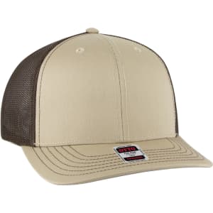 A beige 6-panel mid-profile trucker cap with a brown mesh back and a logo on the front.