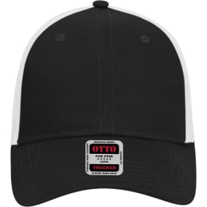 A black and white 6-panel low profile trucker cap with mesh back and a logo on the front.
