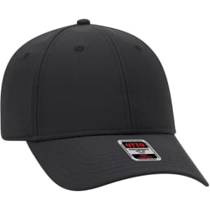 A black UPF 50+ 6 panel low profile baseball cap with a branded label on the side.