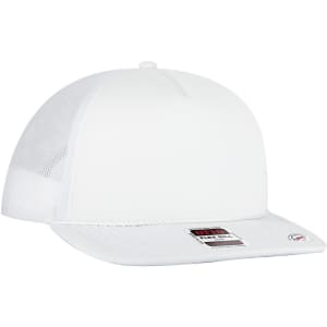 A white 5 panel style trucker cap featuring a mesh back and a branded tag on the front.