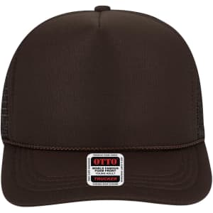 A brown 5 panel high crown trucker cap featuring a mesh back and an attached logo at the front.