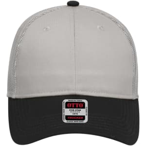 A low-profile trucker cap in grey and black, featuring a branded logo and mesh back.