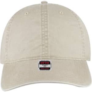 A beige 6-panel low profile dad cap featuring a logo on the front and a curved peak.