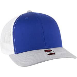 A blue and white 6-panel mid-profile trucker cap with a grey peak and a logo on the front.
