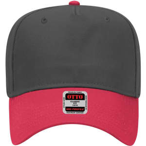 A 5 Panel Mid Crown Baseball Cap featuring a grey top and red brim, with a logo on the front.