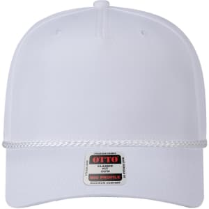 A white 5 panel mid-profile baseball cap with a decorative trim and a logo on the front.