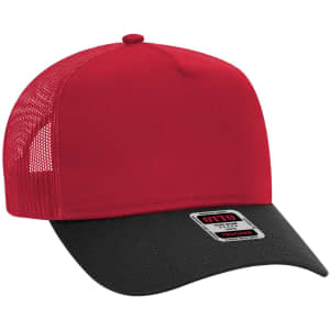 A red and black 5 Panel Mid Profile Trucker Cap with a mesh back and a branded tag on the front.