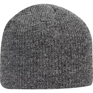 A grey rib knit beanie with a rounded top and subtle textured pattern. Features a branding logo.