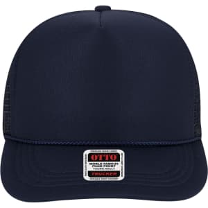 A navy blue 5 panel high crown trucker cap with a mesh back and a logo on the front.