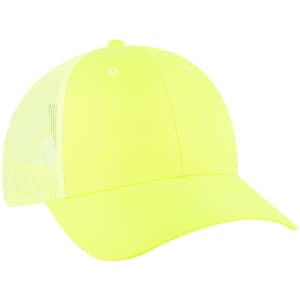 A bright yellow, six-panel low profile trucker cap with mesh sides and a curved brim.