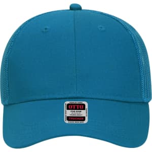 A turquoise 6-panel low profile trucker cap featuring a mesh back and a logo label on the front.