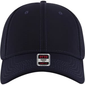 A navy blue low profile baseball cap with a branded label, featuring six panels and contrasting stitching.