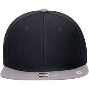 A mid-profile snapback cap in black with a grey undervisor and a branded label on the front.