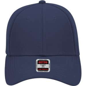 A navy blue 6-panel low profile baseball cap with a logo on the front.