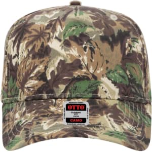 A camo-patterned 5 panel mid profile baseball cap featuring a logo on the front.