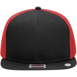 A six-panel mid-profile trucker cap featuring a black front and red mesh back, with a flat brim and logo.