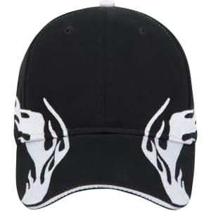 A black low profile baseball cap with white flame designs and a branded logo.
