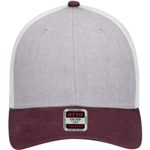 A low-profile trucker cap in grey and burgundy with a logo label on the front.