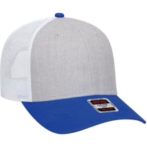 A grey and white trucker cap with a blue brim and plastic mesh back, featuring a logo on the front.