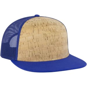 A 5 Panel Pro Style Trucker Cap featuring a cork front and blue mesh sides and brim. Includes a logo on the front.