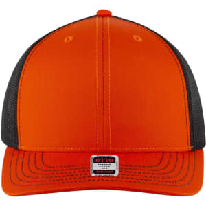 An orange and black 6-panel mid-profile trucker cap with a mesh back and a small logo on the front.