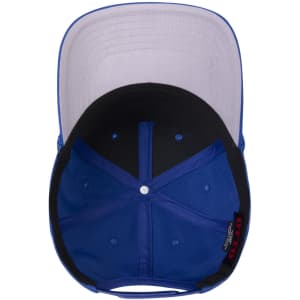 A blue 5 panel mid profile baseball cap, featuring a black interior and a logo.