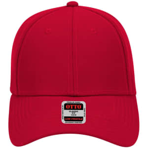 A red 6-panel low profile baseball cap with a branded tag on the front.