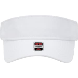A white sun visor with a rectangular logo on the front. The visor features a wide brim for sun protection.
